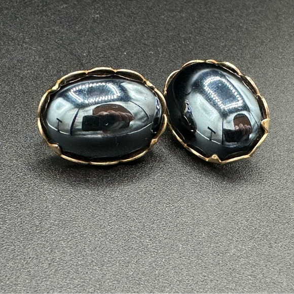 Vintage Mid-Century Sarah Coventry Black Mirror Cabochon Clip On Earrings - Picture 3 of 12